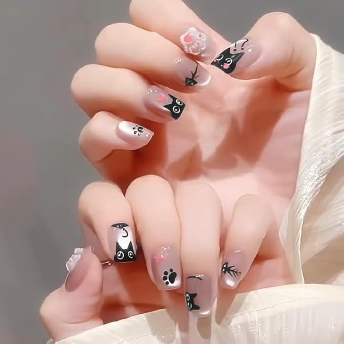 51wkhL2yBRL._SX679_ Meow Charm Press-On Nails β Cute Cat Paw & Fishbone Nail Art Set πΎππ± - Image 1