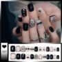 Gothic Glam Press-On Nails – Black & Nude Elegant Nail Art with Rhinestone Accents 🖤✨💎