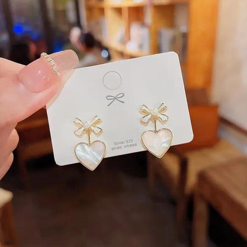 💝 Bow Heart Pearl Drop Earrings – Silver Needle