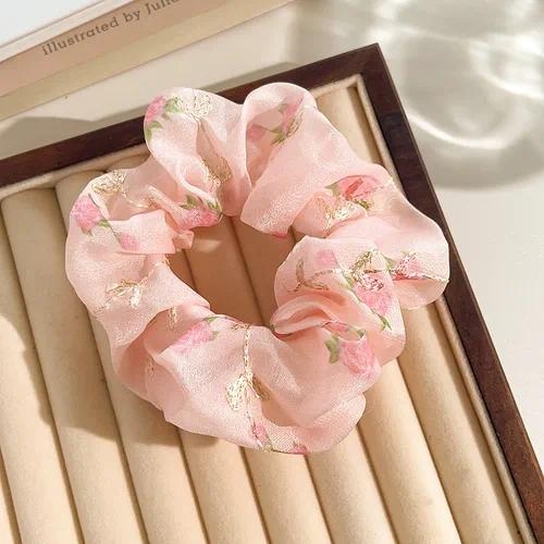 Pink Petal Scrunchie – Sheer Floral Embroidered Hair Tie