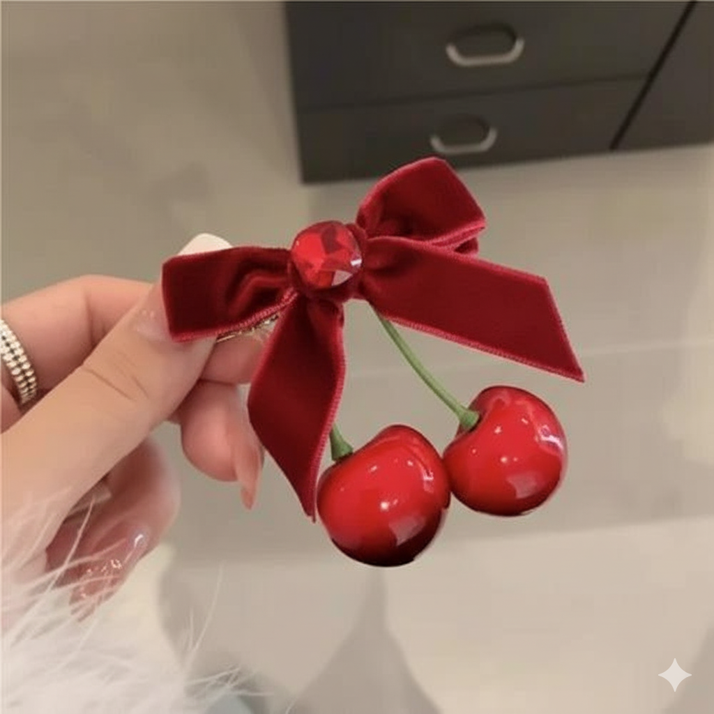 Gemini_Generated_Image_4o4axw4o4axw4o4a Cherry Velvet Bow Clip β Cute Red Bow Hair Accessory with Cherry Charm πβ¨π - Image 1