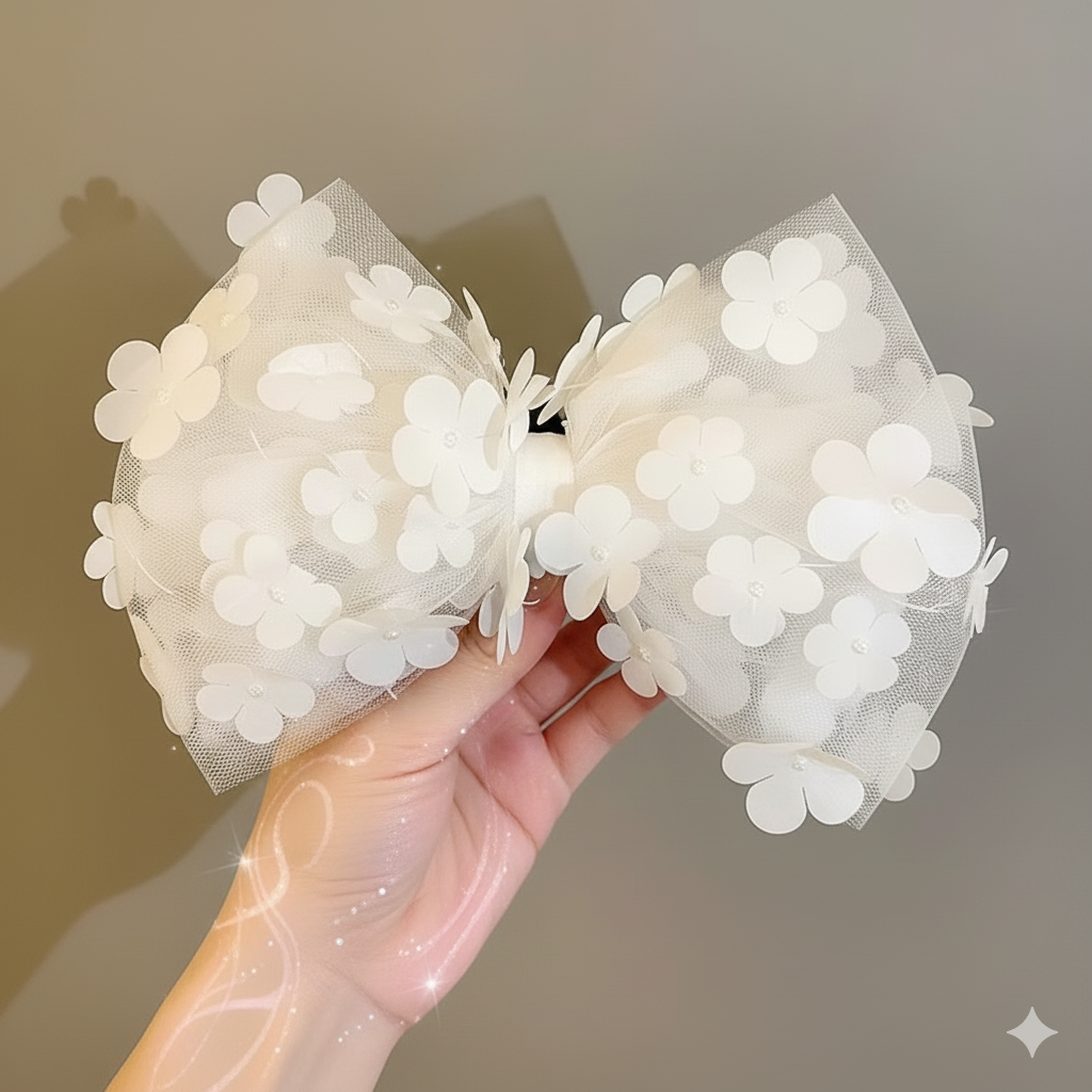 Gemini_Generated_Image_ph5tmoph5tmoph5t Floral Cloud Bow β Elegant White Mesh Hair Bow with 3D Flower Accents πΈβοΈβ¨ - Image 1