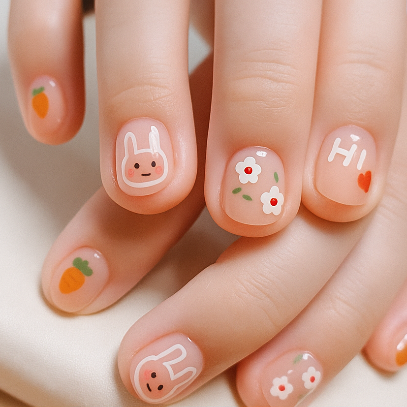 ChatGPT Image Nov 14, 2025, 06_21_08 PM π° Hi Cute Bunny Carrot Press On Nails with Floral Pastel Design - Image 1