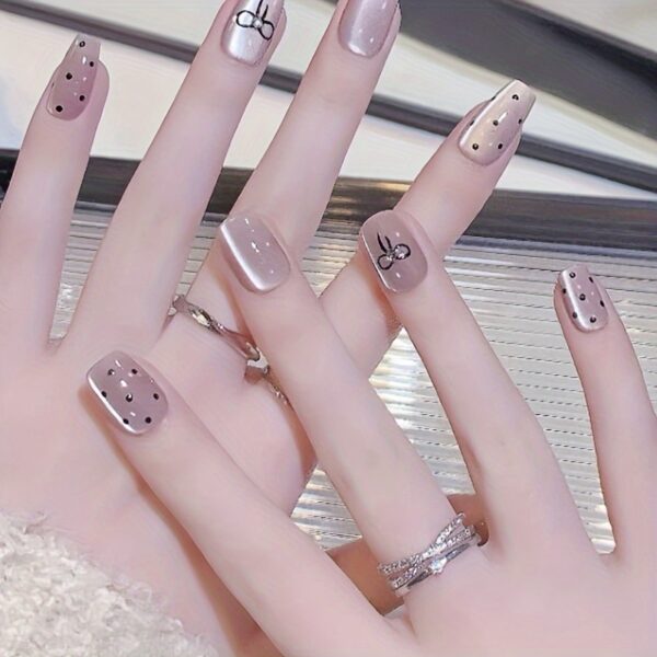 🤎Nude Bow Press On Nails with Polka Dot Design