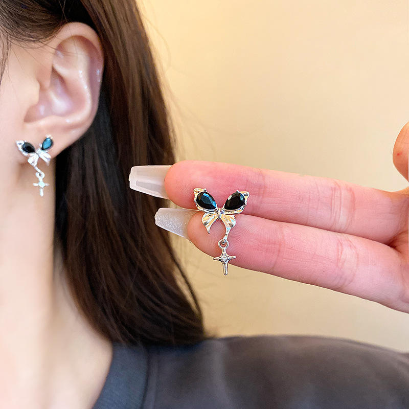 Ha7c889c6825a4eb4a58237c3b8e06401W π€π Black Crystal Bow Earrings | Noir Ribbon Star Dangle Jewelry - Image 1