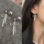 🩶 Silver Pearl Ribbon Earrings | Elegant Bow Dangle Jewelry - Image 3