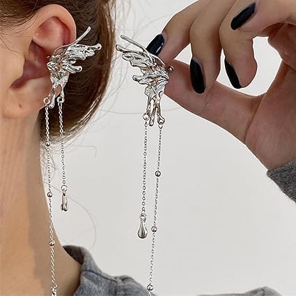 ✨ Crystal Butterfly Ear Cuff with Chain Tassels – Sparkling Statement Party Earring 🦋