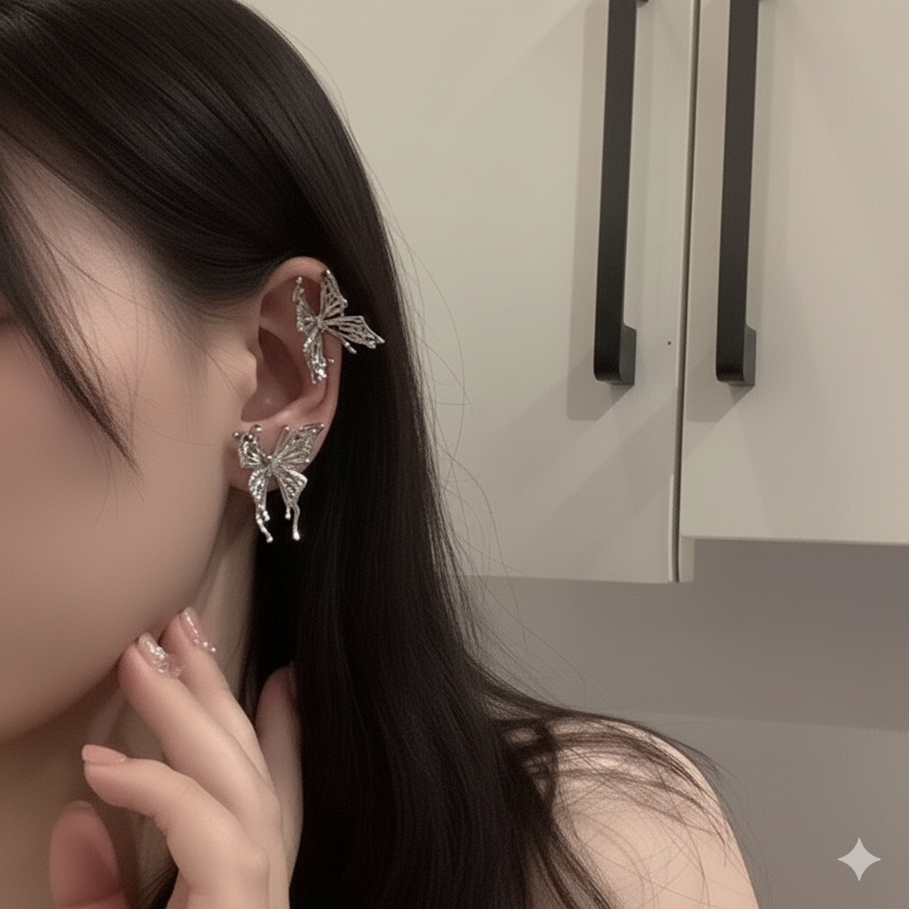 Gemini_Generated_Image_bwhvn1bwhvn1bwhv β¨ Silver Fairy Butterfly Ear Cuff Set β Elegant Wing Tassel Statement Earrings π¦ - Image 1